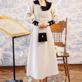 Set: Asymmetrical Collar Blouse + Midi A-line Skirt