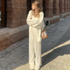 Long-sleeve V Neck Cross Strap Sweater / Plain Ruched Velvet Wide-leg Pants