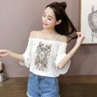 Embroidered Off-shoulder Spaghetti Strap Elbow-sleeve Chiffon Top