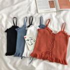 Plain Lace-up Ruffled-trim Strap Top