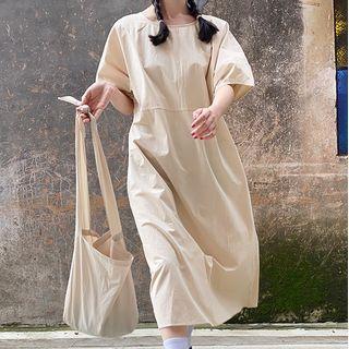 Set: Plain Short-sleeve Midi A-line Dress + Crossbody Bag Set Of 2 - Crossbody Bag & Dress - Almond - One Size
