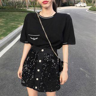 Set: Elbow-sleeve Pocket T-shirt + A-line Mini Sequined Skirt