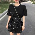 Set: Elbow-sleeve Pocket T-shirt + A-line Mini Sequined Skirt