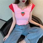 Short-sleeve Strawberry Crop Top Pink - One Size