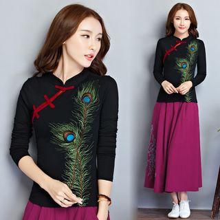 Long-sleeve Frog-button Embroidered Top