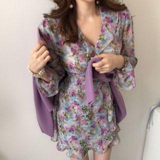 Flower Print Long-sleeve A-line Dress Multicolor - One Size