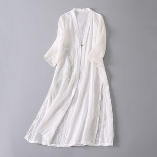 3/4-sleeve Traditional Chinese Long Jacket White - One Size