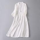 3/4-sleeve Traditional Chinese Long Jacket White - One Size