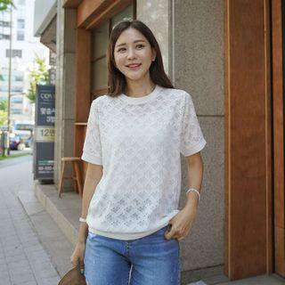Heart-pattern Lace-panel T-shirt