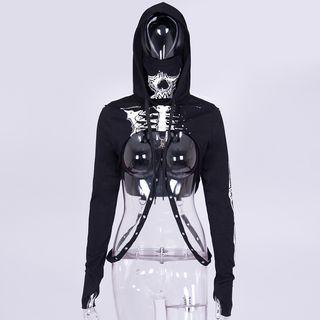 Hood Printed Long-sleeve Crop T-shirt
