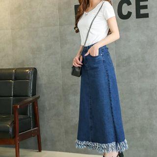 Frayed Maxi Denim Skirt