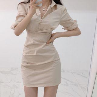 Elbow-sleeve Ruffled Plain Dress