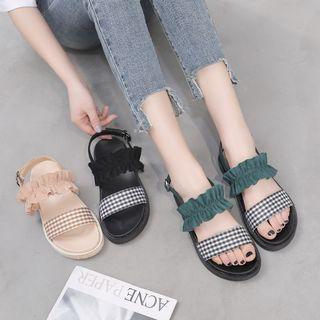 Plaid Upper Ruffle Accent Platform Sandals