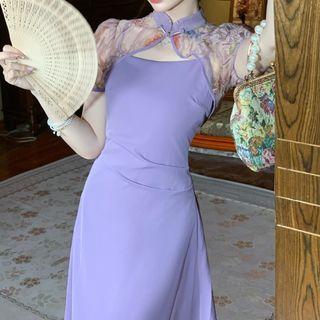 Floral Mesh Panel Short-sleeve Dress