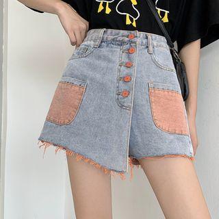 Paneled Mini A-line Denim Skorts