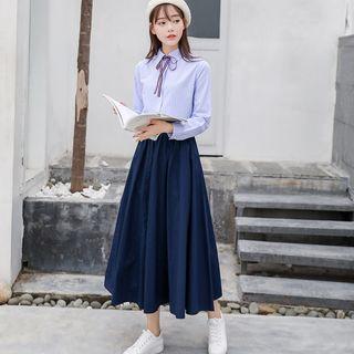Set: Striped Shirt + High Waist Midi A-line Skirt