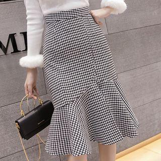 Houndstooth Ruffle Hem Midi Pencil Skirt