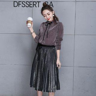 Set: Tie-neck Glittered Shirt + Accordion Pleat Midi Skirt