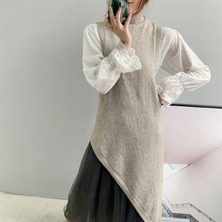 Irregular Hem Turtleneck Sleeveless Long Knit Vest