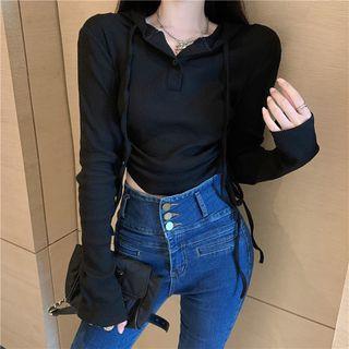 Long-sleeve Hooded Drawstring T-shirt