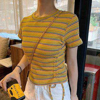 Drawstring Short-sleeve Striped Top