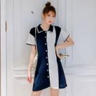 Two-tone Short-sleeve Knit Collared Dress As Shown In Figure - One Size