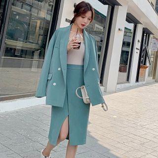 Set: Notch Lapel Double Breasted Blazer + Plain Slit-front Pencil Skirt