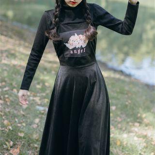 Set: Long-sleeve Knit Top + Printed Jumper Dress