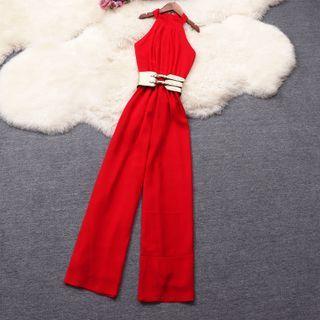 Halter Neck Belted Wide-leg Jumpsuit