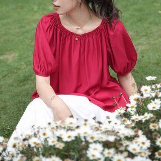 Puff-sleeve Open-back Blouse Red - One Size