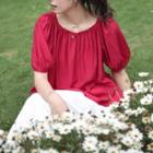 Puff-sleeve Open-back Blouse Red - One Size