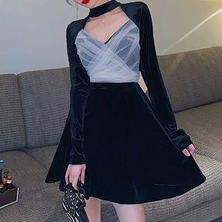 Long-sleeve Mesh-panel Cutout Dress