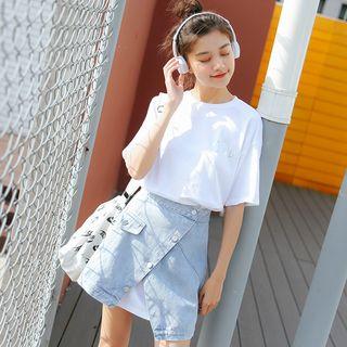 Set: Elbow-sleeve Long T-shirt + Mini Denim Skirt