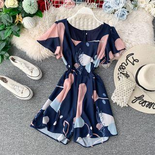 Square-neck Printed Short-sleeve Playsuit