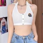 Sleeveless Halter Rainbow Embroidered Cropped Top White - One Size
