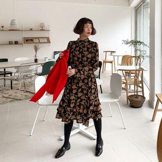Bell-cuff Frilled Foliage Midi Dress