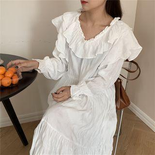Long-sleeve Ruffle Plain Dress White - One Size