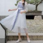 Elbow-sleeve Paneled Midi A-line Chiffon Dress