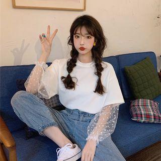Long-sleeve Polka Dot Mesh Panel Top