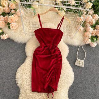 Drawstring Ruffle Velvet Spaghetti-strap Dress
