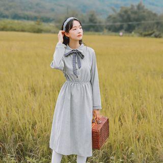 Corduroy Bow Accent Long-sleeve Midi A-line Dress
