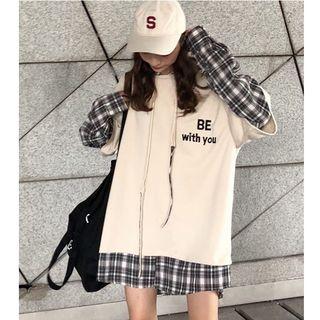 Mock Two-piece Plaid Panel Lettering Hoodie