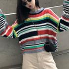 Color-block Striped Loose-fit Sweater As Shown In Figure - One Size