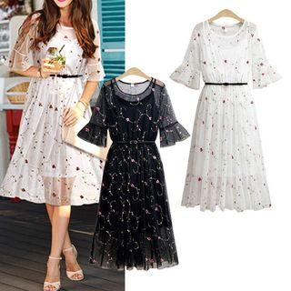 Set: Elbow-sleeve Embroidery Mesh Midi Dress + Slipdress