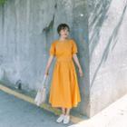 Short-sleeve Plain Midi A-line Dress Yellow - One Size