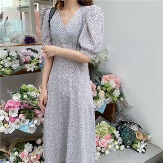 Short-sleeve V-neck Floral Printed Midi Dress