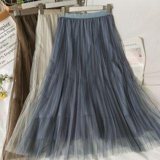 High-waist Plain Mesh Pleated A-line Skirt