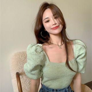 Puff-sleeve Square-neck Plain Top Light Green - One Size