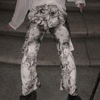 Drawstring Waist Side-pocket Printed Straight Pants As Shown In Figure - One Size