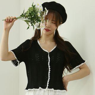 Lace-trim Pointelle Knit Cardigan